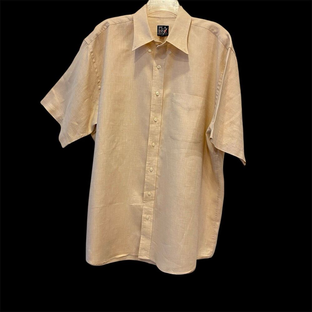 Jos A Bank 100% LINEN Travelers XL Cream Button Down Shirt Short Sleeve NWOT